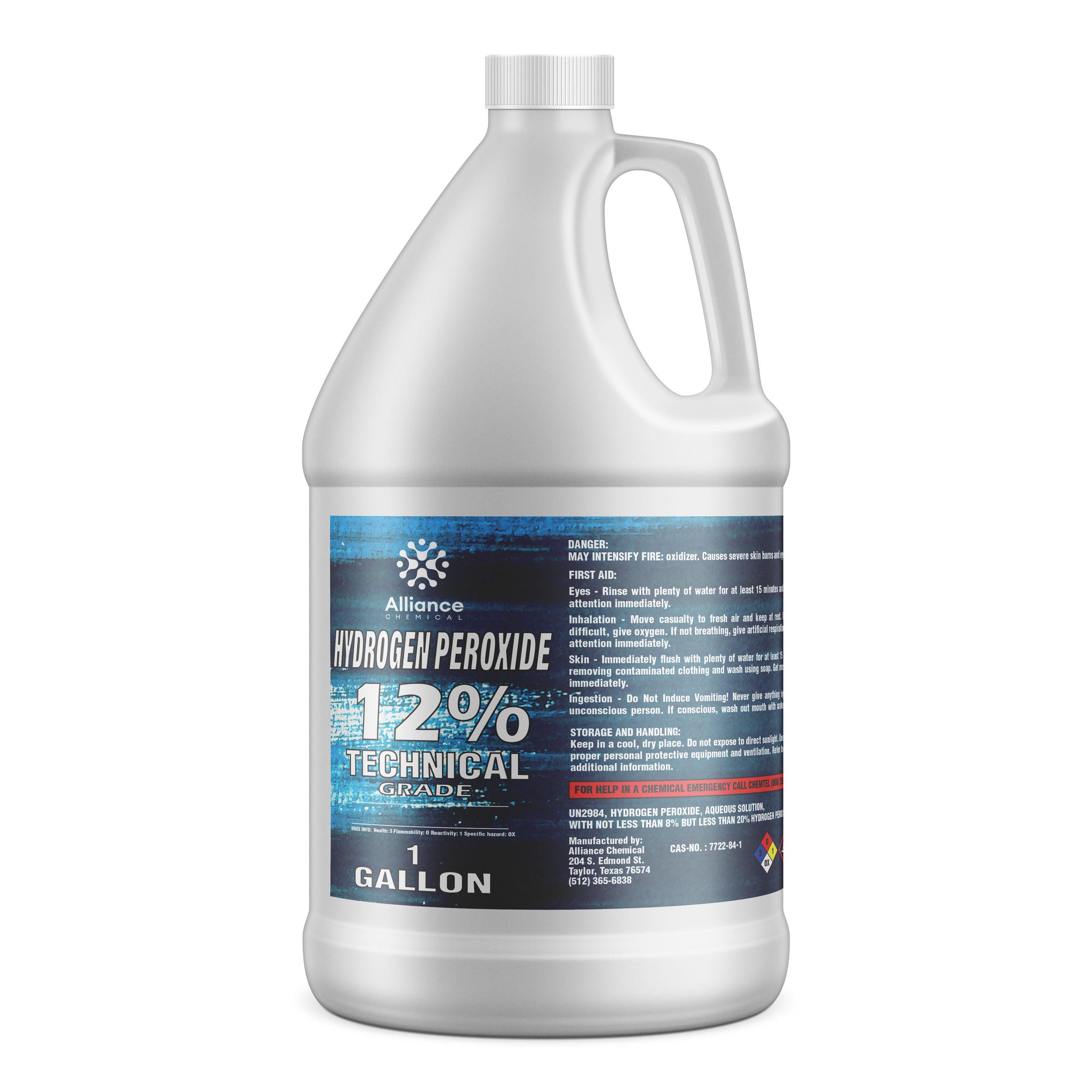 One-gallon industrial hydrogen peroxide 12% technical grade in white HDPE container, blue-labeled with hazard warnings and UN2984 classification.